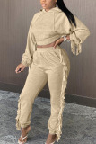 Brown Casual Twilled Satin Solid Tassel Hooded Collar Long Sleeve Regular Sleeve Short Two Pieces