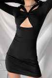 Black Street Solid Hollowed Out Split Joint V Neck Long Sleeve Mini Pencil Skirt Dresses