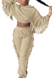 Brown Casual Twilled Satin Solid Tassel Hooded Collar Long Sleeve Regular Sleeve Short Two Pieces