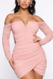 Pink Sexy Solid Split Joint Bateau Neck Long Sleeve Mini Pencil Skirt Dresses