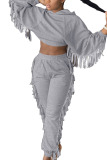 Grey Casual Twilled Satin Solid Tassel Hooded Collar Long Sleeve Regular Sleeve Short Two Pieces