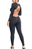 Black Fashion Sexy Adult Polyester Solid Backless U Neck Skinny Jumpsuits