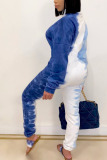 Blue Sexy Casual Blending Mixed Printing Patchwork Turndown Collar Skinny Jumpsuits