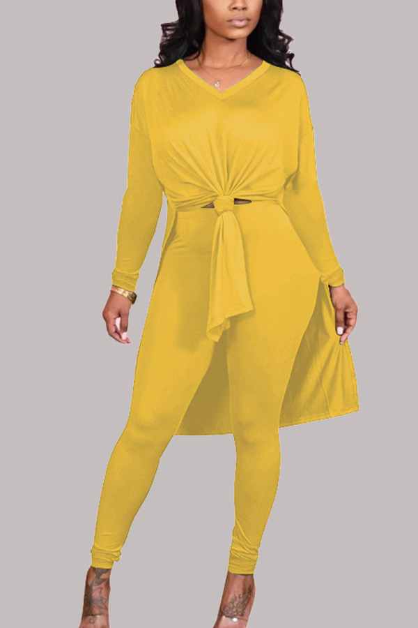 Yellow Fashion Casual Milk Fiber Patchwork Solid Slit V Neck Long Sleeve Cap Sleeve Long Two Pieces
