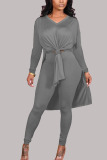 Grey Fashion Casual Milk Fiber Patchwork Solid Slit V Neck Long Sleeve Cap Sleeve Long Two Pieces