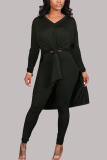 Green Fashion Casual Milk Fiber Patchwork Solid Slit V Neck Long Sleeve Cap Sleeve Long Two Pieces