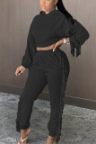 Black Casual Solid Tassel Hooded Collar Long Sleeve Regular Sleeve Two Pieces