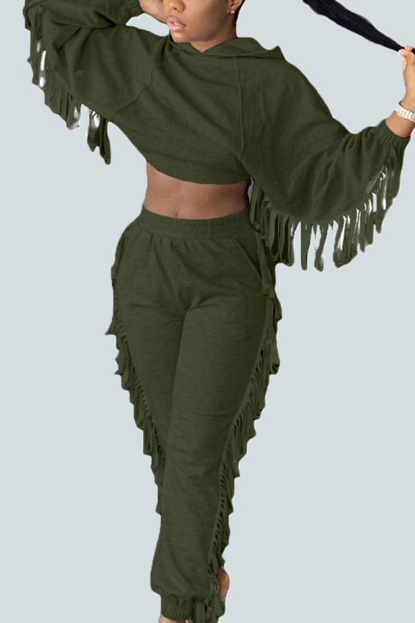Army Green Casual Twilled Satin Solid Tassel Hooded Collar Long Sleeve Regular Sleeve Short Two Pieces