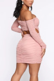 Pink Sexy Solid Split Joint Bateau Neck Long Sleeve Mini Pencil Skirt Dresses