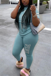 CyanBlue Fashion Casual Letter Printed Two-piece Set