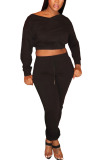 Black venetian Fashion Active adult Ma'am Solid Two Piece Suits Straight Long Sleeve Two Pieces