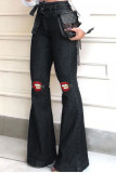 Black Daily Lips Printed Frenulum Buttons High Waist Boot Cut Jeans