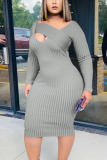 Grey Sexy Solid Split Joint V Neck Long Sleeve Knee Length Wrapped Skirt Dresses