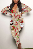Red Sexy Party Patchwork Print Santa Claus V Neck Skinny Jumpsuits