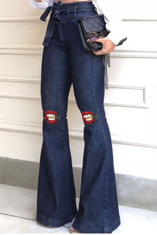 Blue Daily Lips Printed Frenulum Buttons High Waist Boot Cut Jeans