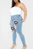 Baby Blue Street Lips Printed Ripped Buttons Plus Size Jeans
