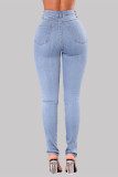 Baby Blue Fashion Casual Solid Hollowed Out Strap Design Mid Waist Skinny Jeans
