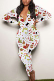 Multi-color Sexy Party Patchwork Print Santa Claus V Neck Skinny Jumpsuits