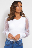 White Sexy Fashion Solid Mesh Patchwork perspective Polka Dot Long Sleeve O Neck 