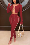 Wine Red Fashion Sexy Solid Strap Design O Neck Long Sleeve Regular Sleeve Short Two Pieces