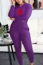 purple Sportswear Print Split Joint Hooded Collar Long Sleeve Regular Sleeve Regular Two Pieces