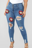 Deep Blue Street Lips Printed Ripped Buttons Plus Size Jeans