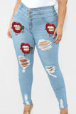 Black Street Lips Printed Ripped Buttons Plus Size Jeans