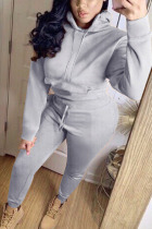 Grey British Style Solid Hooded Collar Long Sleeve Regular Sleeve Regular Two Pieces