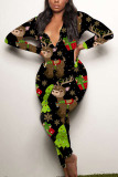 Green Sexy Party Patchwork Print Santa Claus V Neck Skinny Jumpsuits
