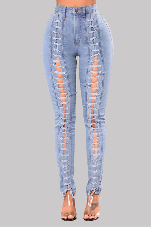 Baby Blue Fashion Casual Solid Hollowed Out Strap Design Mid Waist Skinny Jeans