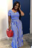 Red Polyester Fashion Sexy crop top Striped Two Piece Suits Slim fit Solid Straight Short Sleeve  Two-pi