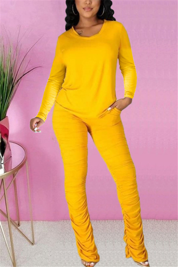 Yellow Fashion Casual Solid Fold O Neck Long Sleeve Regular Two Pieces