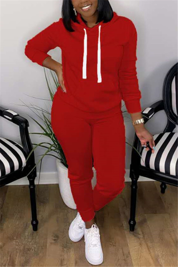 Red Fashion Casual Long Sleeve Hooded Collar Regular Sleeve Regular Solid Two Pieces