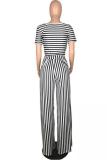 Blue Polyester Fashion Sexy crop top Striped Two Piece Suits Slim fit Solid Straight Short Sleeve  Two-pi