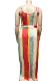 rose red Polyester Sexy O Neck Bandage Striped Print 