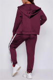 Wine Red Casual Sportswear Patchwork Patchwork Hooded Collar Plus Size Set