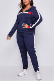 Blue Casual Sportswear Patchwork Patchwork Hooded Collar Plus Size Set