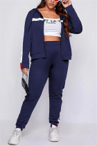 Blue Casual Sportswear Patchwork Split Joint Hooded Collar Plus Size Set