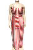 rose red Polyester Sexy O Neck Bandage Striped Print 