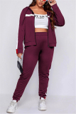Wine Red Casual Sportswear Patchwork Patchwork Hooded Collar Plus Size Set
