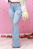 Baby Blue Daily Solid Buttons Mid Waist Boot Cut Denim