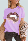 Pink Casual Print Split Joint O Neck Tops