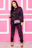purple Spandex adult OL Fashion diamonds Patchwork Two Piece Suits asymmetrical Straight Long Sleeve Two-p