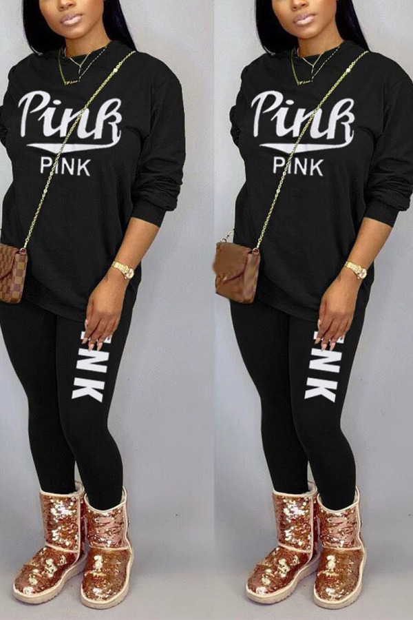 Black Casual Print Letter O Neck Long Sleeve Regular Sleeve Regular Two Pieces