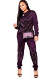 purple Spandex adult OL Fashion diamonds Patchwork Two Piece Suits asymmetrical Straight Long Sleeve Two-p