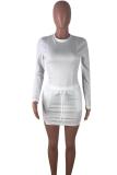 White Polyester Fashion adult Sexy Two Piece Suits Solid Patchwork Hip skirt Long Sleeve 