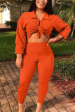 Orange Fashion Casual Solid Basic Turndown Collar Long Sleeve Regular Sleeve Two Pieces