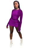purple Polyester Fashion adult Sexy Two Piece Suits Solid Patchwork Hip skirt Long Sleeve 