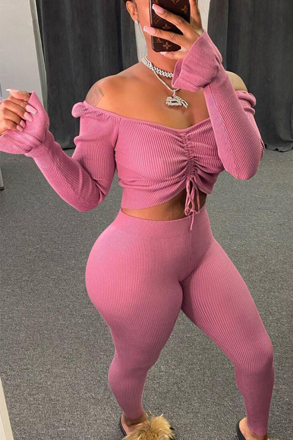Pink Sexy Solid Draw String Bateau Neck Long Sleeve Regular Sleeve Short Two Pieces