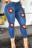Blue Casual Lips Printed Buttons Mid Waist Skinny Jeans